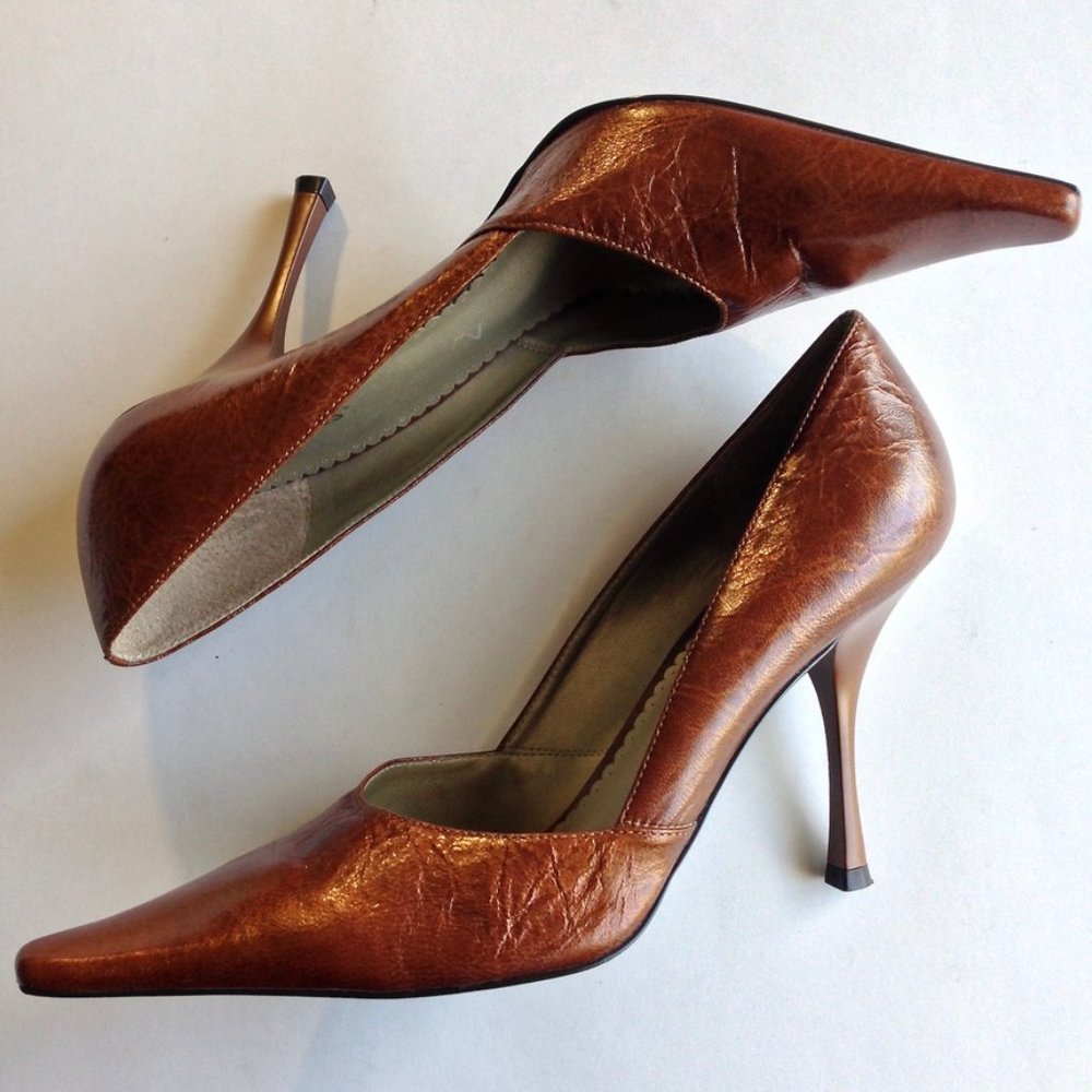 BCBGIRLS-Brown Metallic Leather Pump Heels - Picture 1 of 8